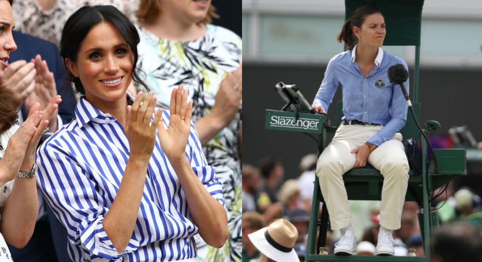 The Duchess’s blue-and-white striped look may have been a nod to the tennis tournament. [Photo: Getty]