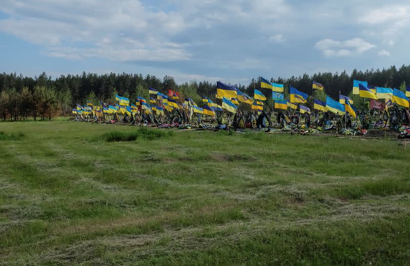 A view shows graves of killed Ukrainian defenders at a cemetery in Poltava