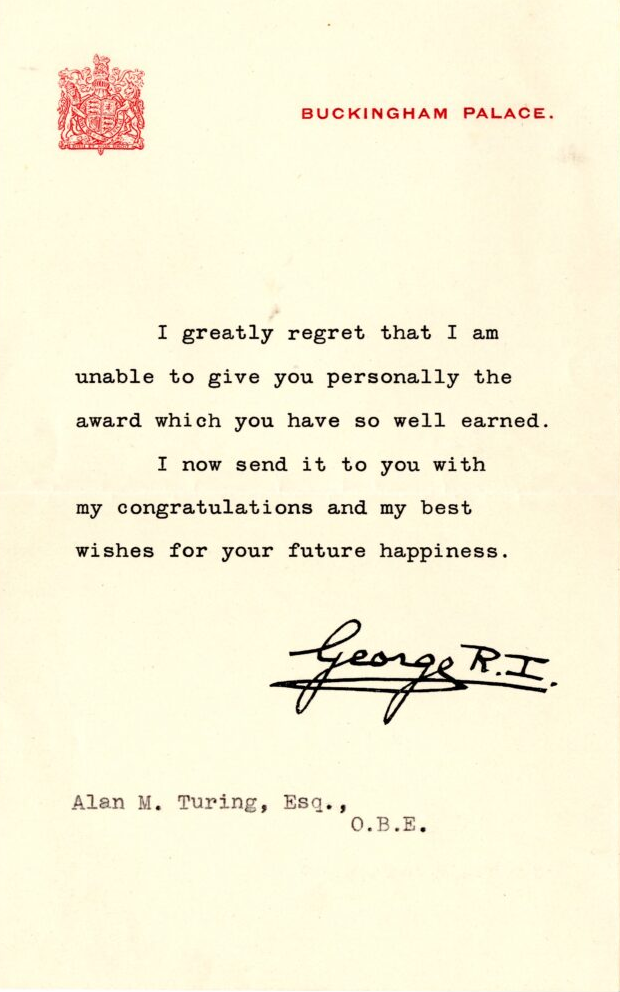 A letter to Alan Turing from England's King George VI.  / Credit: Sherborne School