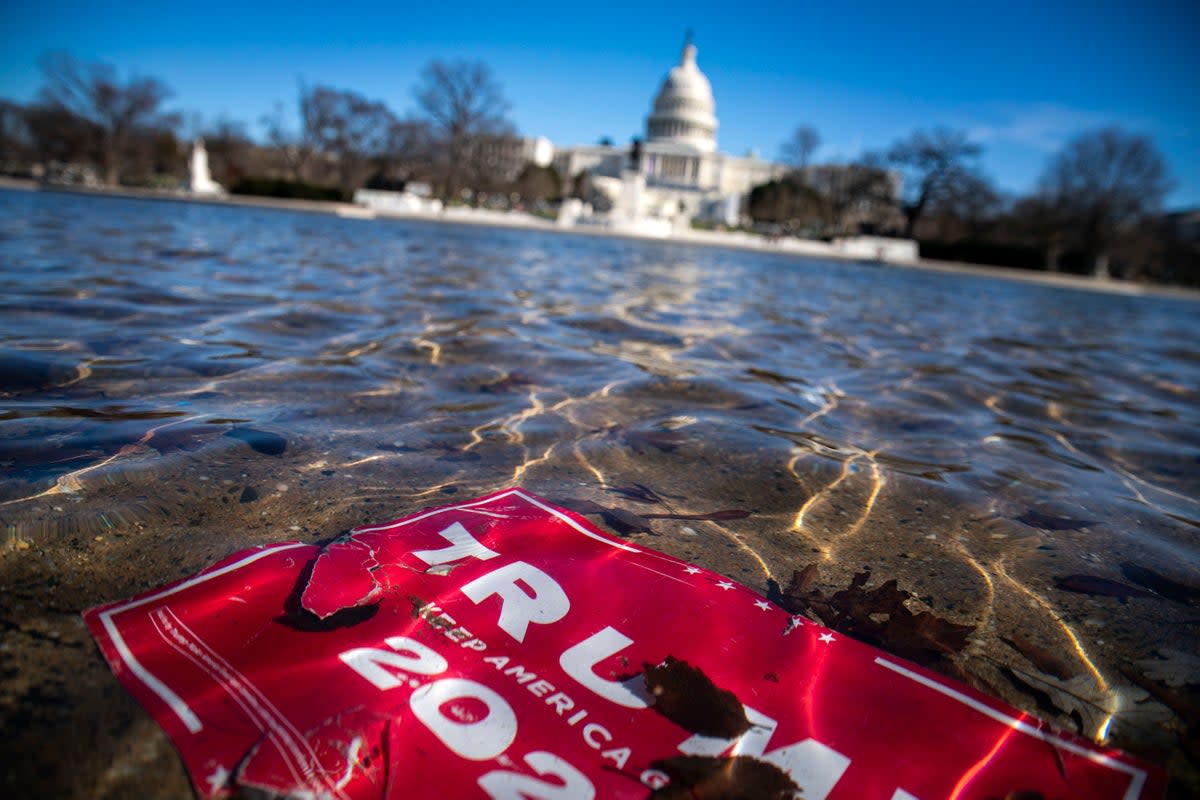 A campaign sign for U.S. President Donald Trump lies beneath water in the Capitol Reflecting Pool on Capitol Hill on 9 January 2021 in Washington DC (Getty Images)