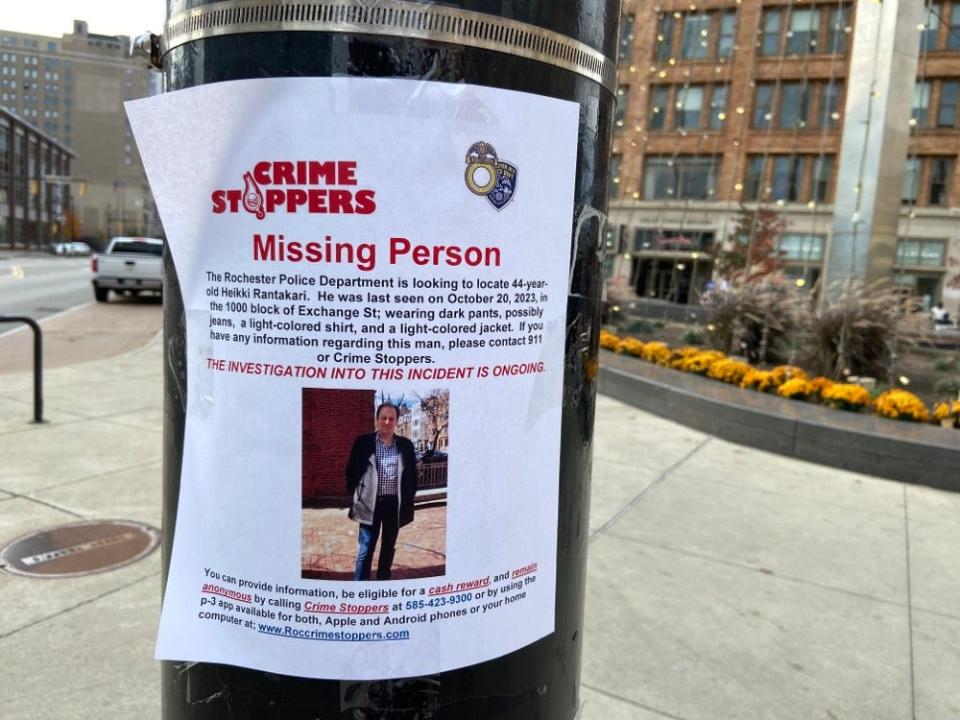 A poster taped to a street post near the Liberty Pole in downtown Rochester asked for the community's help in locating Heikki Rantakari, a University of Rochester associate professor who went missing on Oct. 21.