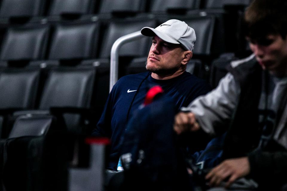 Penn State head coach Cael Sanderson watches during a practice session before the NCAA Division I Wrestling Championships, Wednesday, March 16, 2022, at Little Caesars Arena in Detroit, Mich.