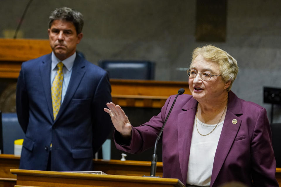 State Sen. Sue Glick, R-LaGrange, right, and Senate President Pro Tem Rodric Bray, R-Martinsville, outline proposed legislation on abortion and financial relief at the Statehouse in Indianapolis, Wednesday, July 20, 2022, that will be introducing in the upcoming special session. (AP Photo/Michael Conroy)