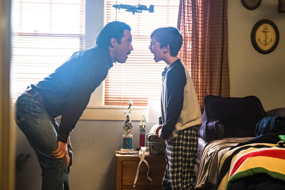 <p>Milo Ventimiglia as Jack and Parker Bates as Kevin in NBC’s <i>This Is Us</i>.<br>(Photo: Ron Batzdorff/NBC) </p>