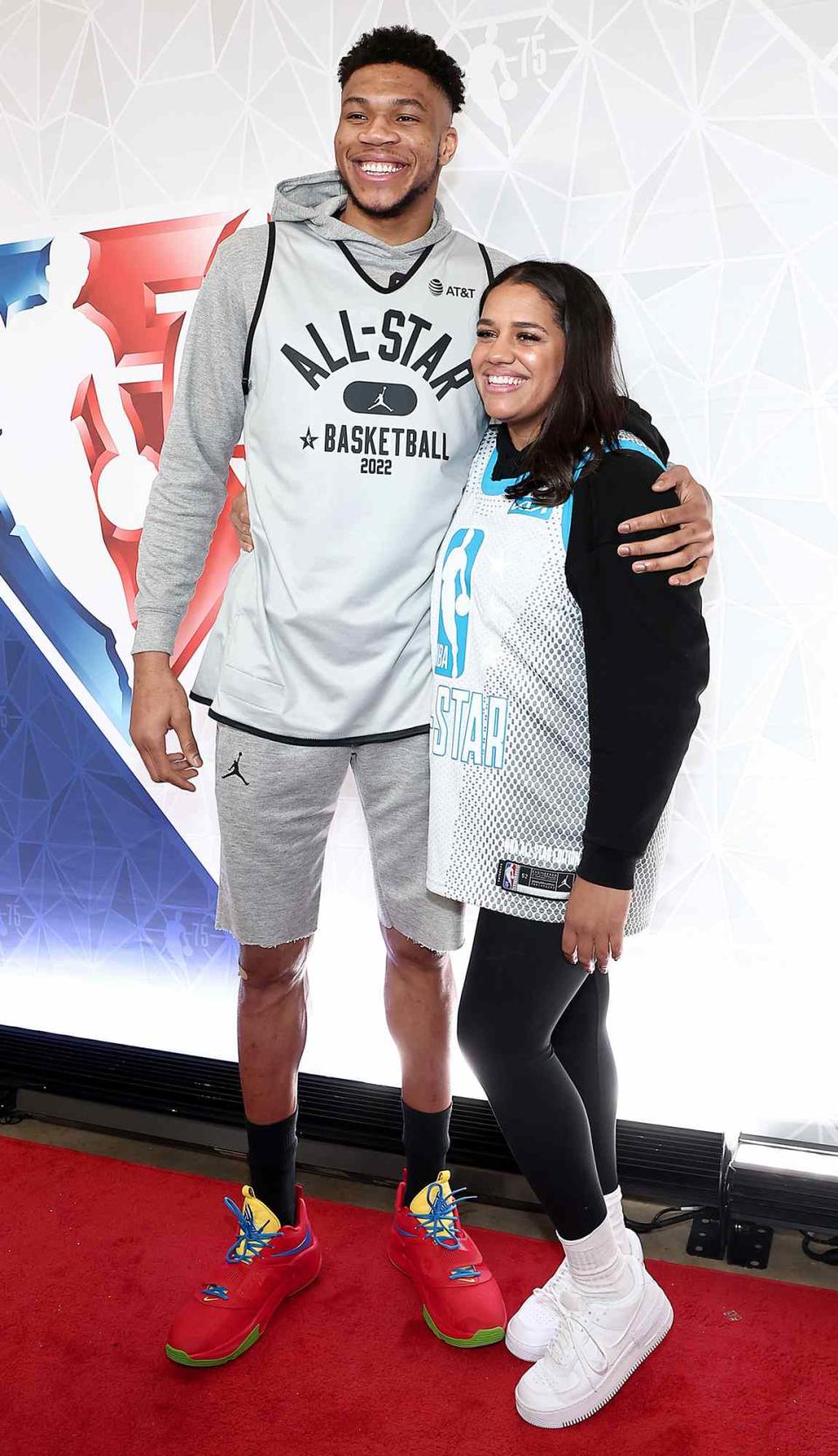 Giannis Antetokounmpo and Mariah Riddlesprigger are seen during NBA x HBCU Classic Presented by AT&T as part of the 2022 All-Star Weekend at Wolstein Center on February 19, 2022 in Cleveland, Ohio