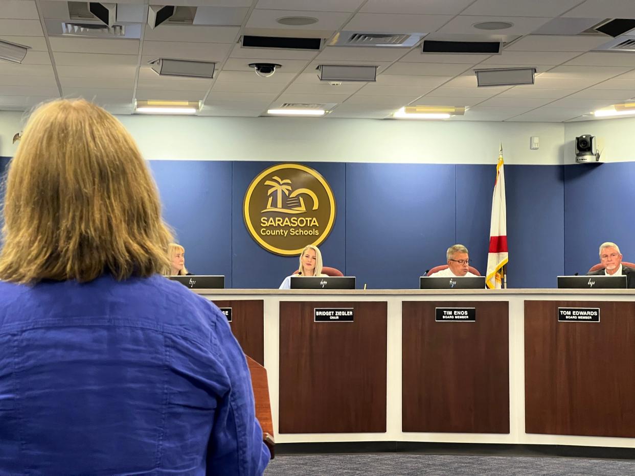 Sarasota School Board members listen to public comment ahead of the selection of the district's next superintendent on Wednesday, June 14, 2023.