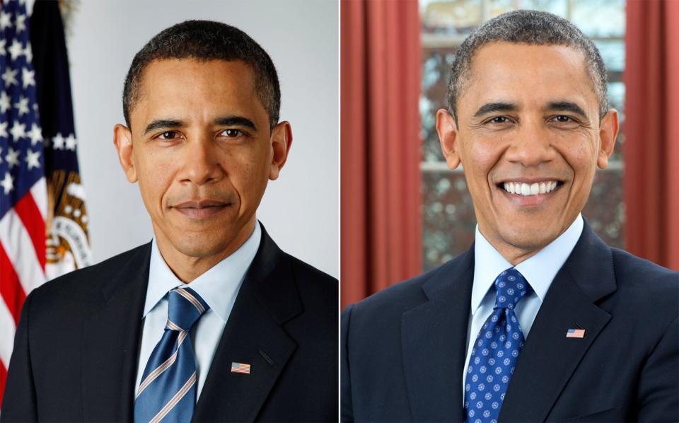 El síndrome de María Antonieta suele aquejar a mandatarios de primer nivel. Como muestra, los retratos oficiales de Barack Obama tomados en 2009 (izqda) y 2012 (dcha). (Crédito imagen wikimedia Commons).