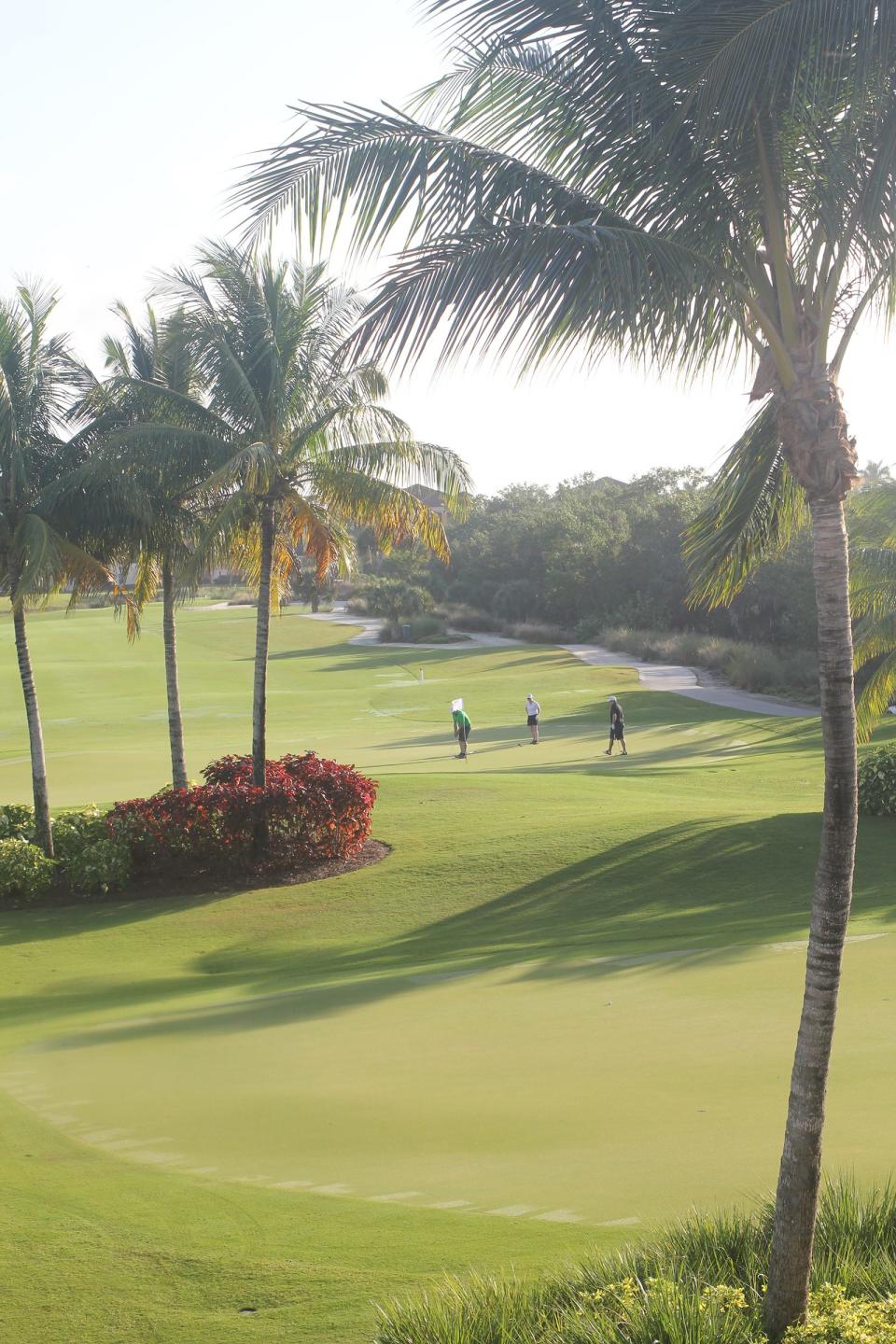 Players in the South Collier YMCA (Marco) annual golf tournament fundraiser finish up on the beautiful 18th hole at Hammock Bay. 