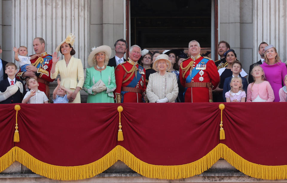 LONDON, ENGLAND - JUNE 08:  Prince William, Duke of Cambridge, Catherine, Duchess of Cambridge, Prince Louis of Cambridge, Prince George of Cambridge and Princess Charlotte of Cambridge during Trooping The Colour, the Queen's annual birthday parade, on June 8, 2019 in London, England.  (Photo by Chris Jackson/Getty Images)