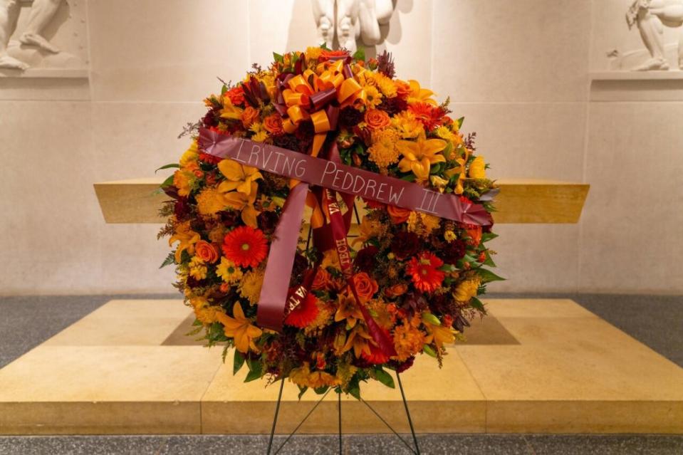 A memorial wreath for Irving L. Peddrew III was placed within War Memorial Chapel on May 15. Photo by Clark Dehart for Virginia Tech