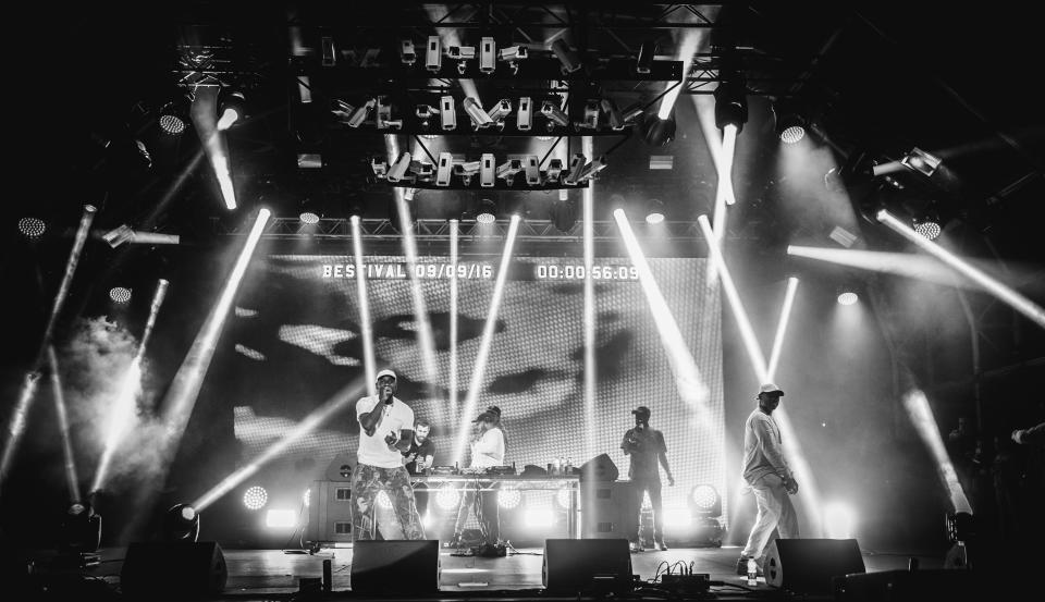 NEWPORT, ISLE OF WIGHT - SEPTEMBER 10: Skepta (EDITORS NOTE: This image was edited using digital filters) performs on the mainstage with Wiley, Frisco, DJ Maximum and Shorty during the 2nd day of Bestival 2016 at Robin Hill Country Park on September 10, 2016 in Newport, Isle of Wight. (Photo by Ollie Millington/Redferns)