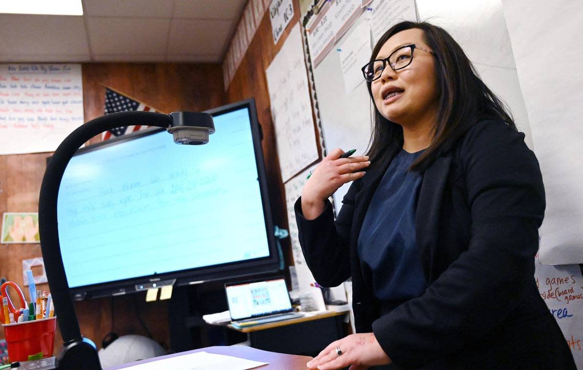 Kristina Yang leads a 5th grade Dual Immersian class at Fresno Unified’s Vang Pao Elementary Thursday, Feb. 23, 2023 in Fresno.