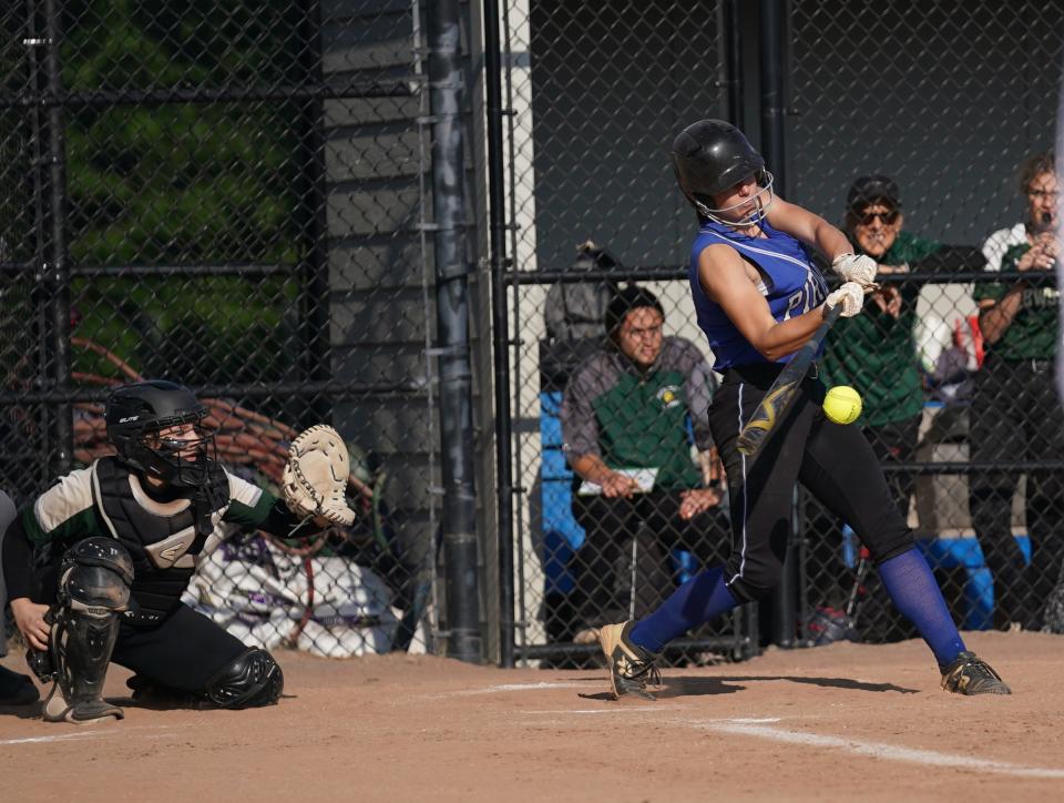 Pearl River's Kiera Luckie (13) connects for a basehit during the opening round of Section 1 Class A softball action against Brewster at Pearl River High School in Pearl River on Thursday, May 18, 2023.  Pearl River advances with the 9-0 victory.
