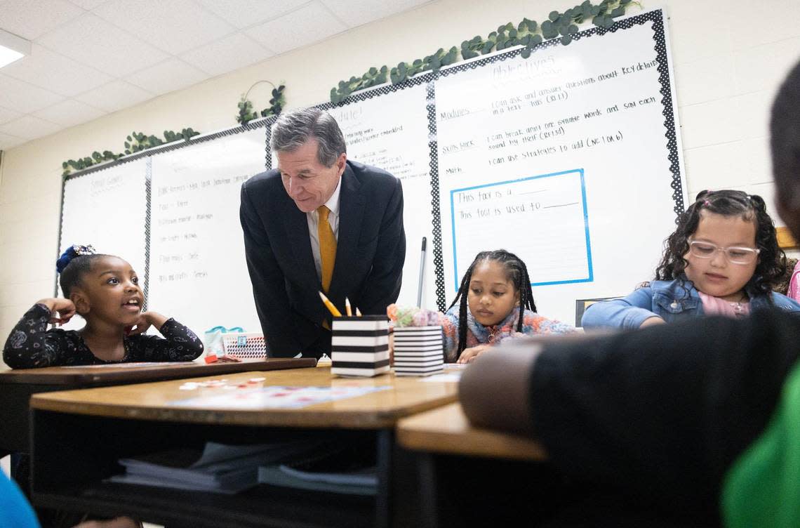 Gov. Roy Cooper visits students at Allenbrook Elementary School in Charlotte, N.C., on Monday, September 12, 2022.