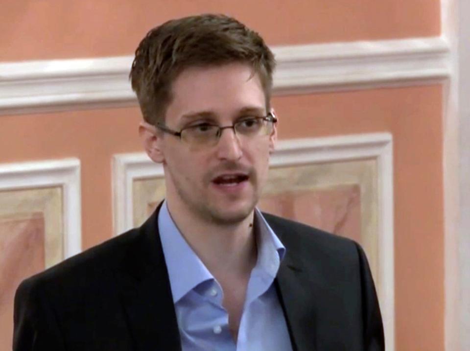 File: In this image made from video and released by WikiLeaks, former National Security Agency systems analyst Edward Snowden speaks in Moscow, 11 October 2013 (AP)