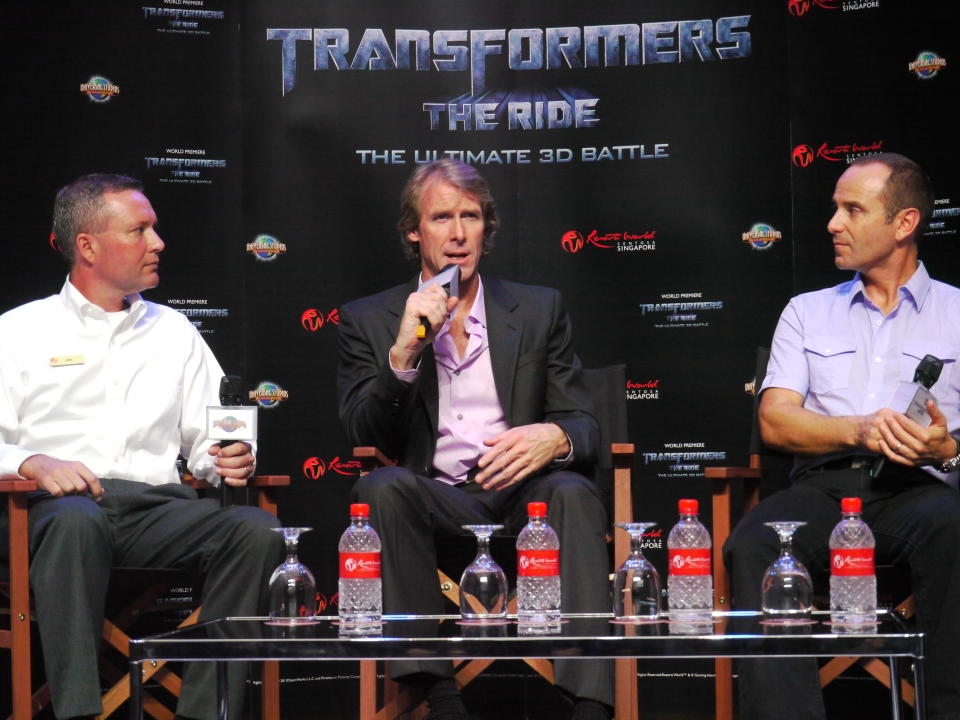 (L-R) USS vice president of park operations John Hallenbeck, creative consultant Michael Bay and senior vice president of Universal Creative Thierry Coup. (Yahoo! photo/Fann Sim)