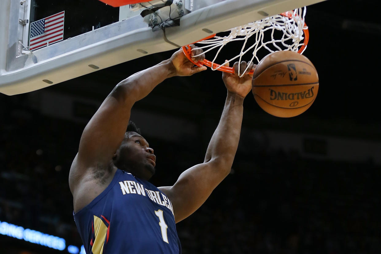 Zion Williamson made NBA history on Friday in the Pelicans' win over the Cavaliers. (Jonathan Bachman/Getty Images)