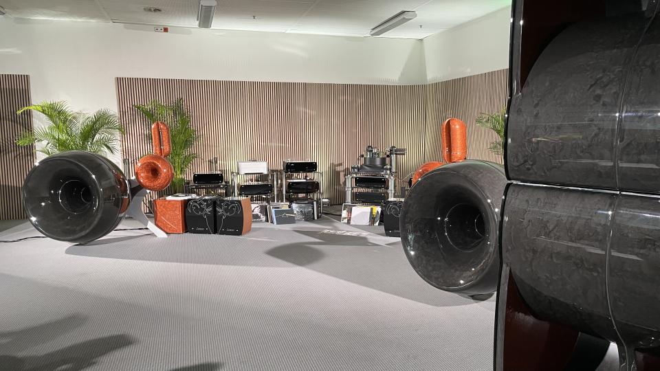 Aries Cerat huge horn speakers and system in a listening room at High End Munich