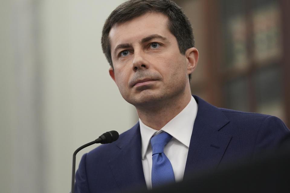 FILE - In this Jan. 21, 2021, file photo, Transportation Secretary nominee Pete Buttigieg speaks during a Senate Commerce, Science and Transportation Committee confirmation hearing on Capitol Hill in Washington. (Stefani Reynolds/Pool via AP)