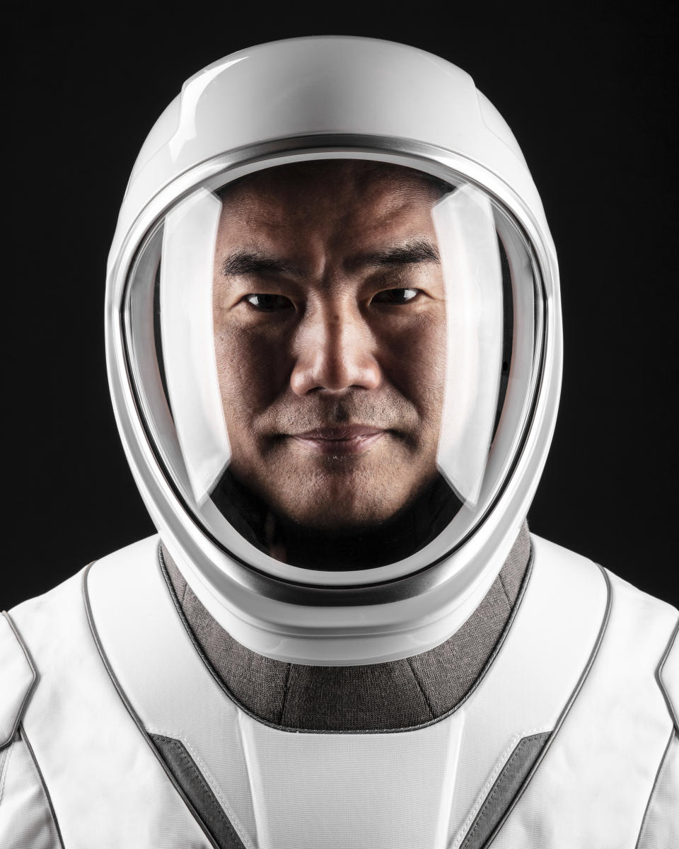 This June 25, 2020, photo made available by SpaceX shows JAXA astronaut Soichi Noguchi in a space suit at SpaceX headquarters in Hawthorne, Calif. (Sam Friedman/SpaceX via AP)