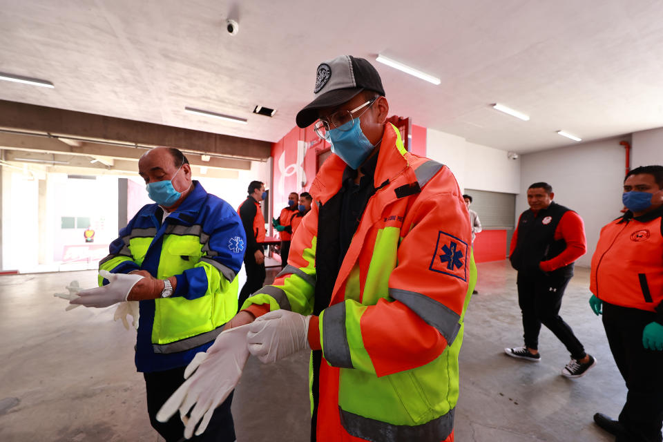 Medical personal wearing face mask during the 10th round match between Toluca and Atlas as part of the Torneo Clausura 2020 Liga MX at Nemesio Diez Stadium on March 15, 2020 in Toluca, Mexico. The match is played behind closed doors to prevent the spread of the novel Coronavirus (COVID-19). (Photo by Hector Vivas/Getty Images)