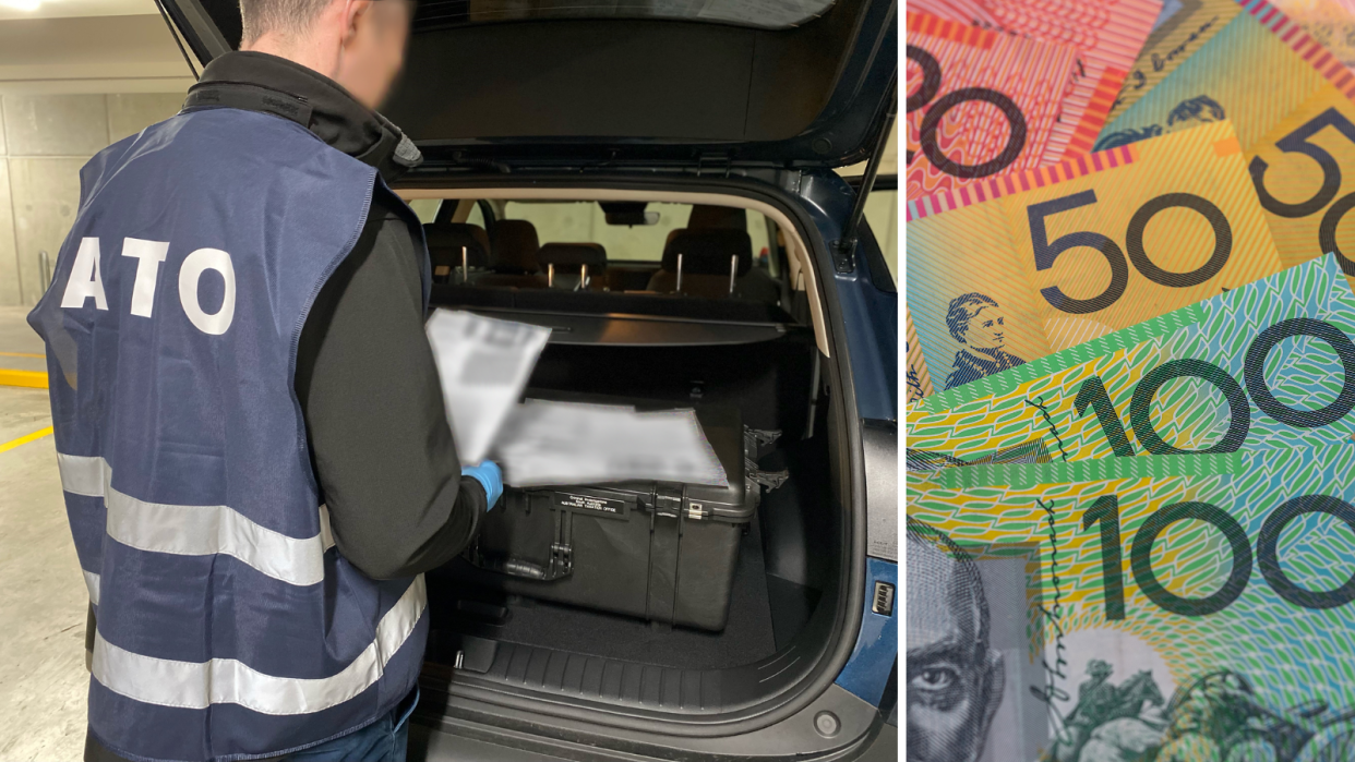 An ATO official holding papers by the boot of a car and Australian currency.