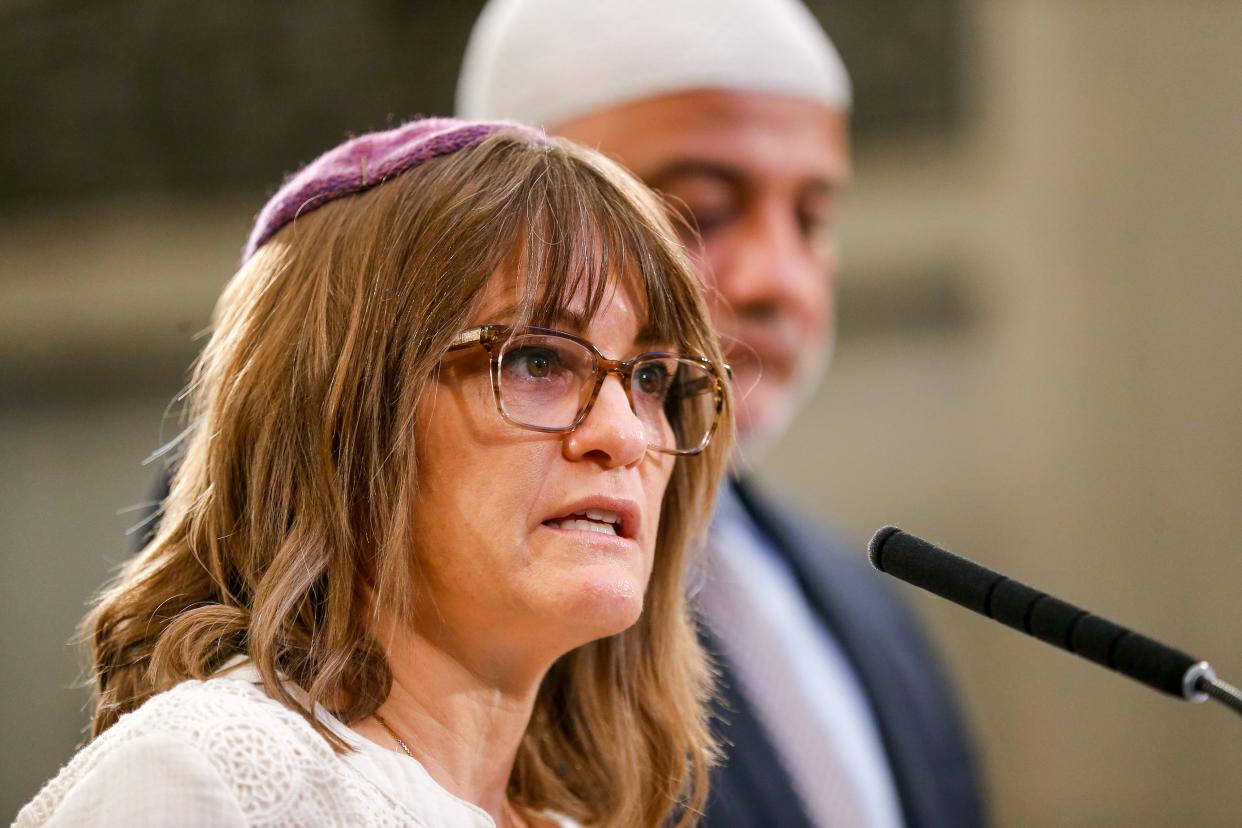 Rabbi Vered Harris speaks alongside Imam Imad Enchassi Tuesday during an Oklahoma City Council meeting at City Hall.