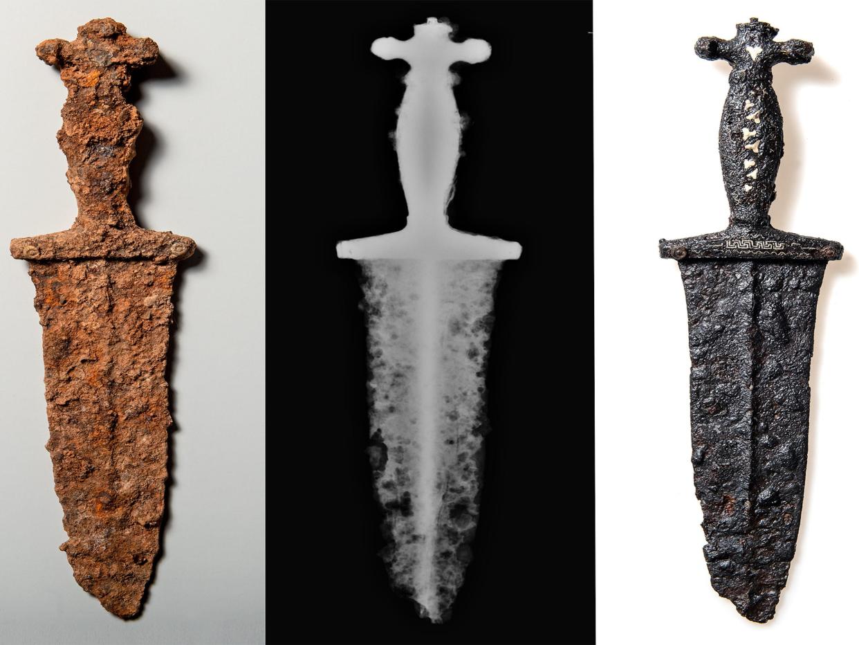 A dagger found from 15 BC in Oberhalbstein (Graubünden, Switzerland), before and after restorations