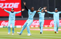 England players celebrate what they thought was the opening wicket. (Photo by Michael Steele/Getty Images)