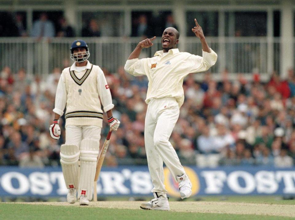 Chris Lewis celebrates during ODI match with India in 1996 (Popperfoto/Getty Images)