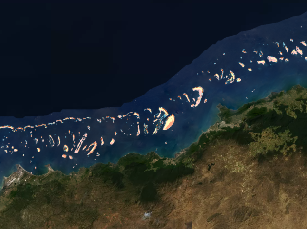 A wide-angle view shows the area of Australia’s Great Barrier Reef covered by the Allen Coral Atlas’ newly analyzed satellite imagery. (Allen Coral Atlas / Planet)