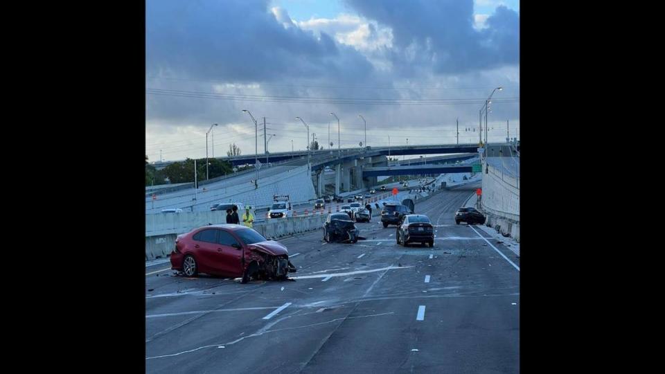 A six-car crash shut down Interstate 95 southbound near Marina Mile Bouelvard on Sunday, Feb. 11, 2024. Florida Highway Patrol