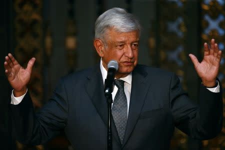 Mexico's president-elect Andres Manuel Lopez Obrador addresses the media after a private meeting with Mexico's President Enrique Pena Nieto at National Palace in Mexico City, Mexico July 3, 2018. REUTERS/Edgard Garrido