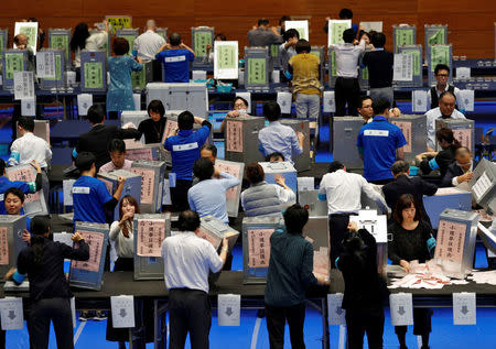 Election officials open ballot boxes to count votes after Japan's lower house election at a counting centre in Tokyo, Japan, October 22, 2017. EUTERS/Issei Kato