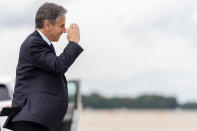 Secretary of State Antony Blinken boards his plane at Andrews Air Force Base, Md., Tuesday, June 22, 2021 to travel to Berlin Brandenburg Airport in Schonefeld, Germany. Blinken begins a week long trip to Europe traveling to Germany, France and Italy. (AP Photo/Andrew Harnik, Pool)
