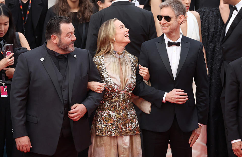 (L to R) Members of the Jury Denis Ménochet, Brie Larson and Damian Szifron attend the "Jeanne du Barry" Screening & opening ceremony red carpet at the 76th annual Cannes film festival at Palais des Festivals on May 16, 2023 in Cannes, France.