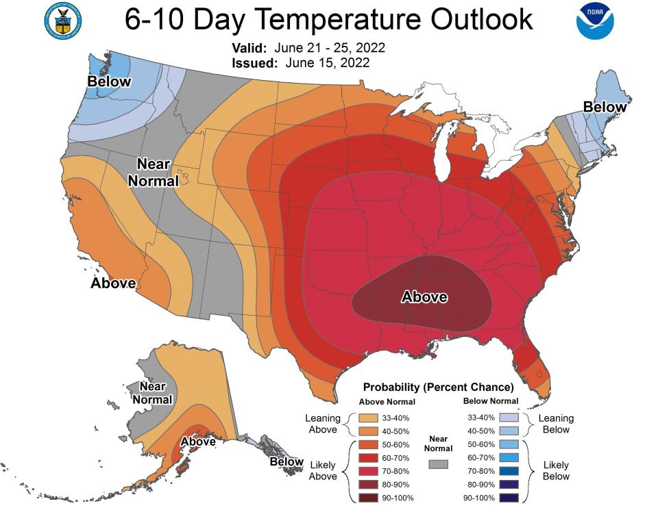 united states heat map one-week outlook shows deep red above average temperatures across central and eastern regions