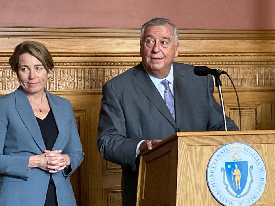 Gov. Maura Healey with House Speaker Rep. Ronald Mariano, D-Quincy, discuss her proposed tax relief package.