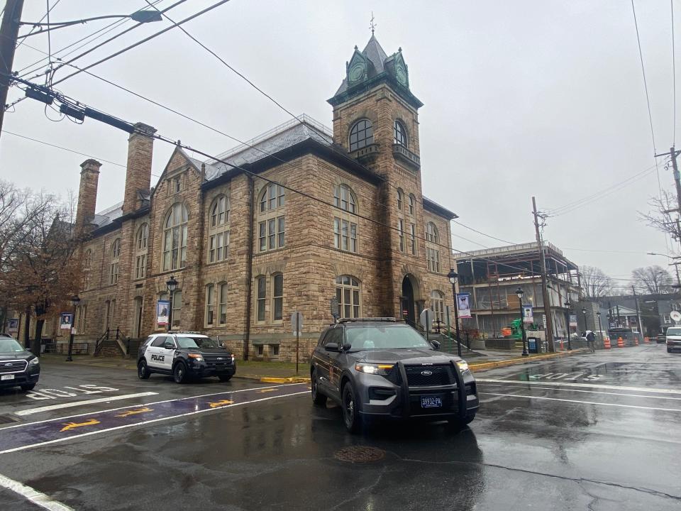 Stroud Area Regional and Pennsylvania State Police vehicles park outside the Monroe County Courthouse in Stroudsburg Borough on Jan. 3 ahead of a scheduled court appearance for Bryan Kohberger. Kohberger, who was arrested in Chestnuthill Township in relation to the murders of four college students, is facing extradition to Idaho.