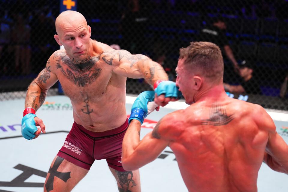 LAS VEGAS, NEVADA - AUGUST 20: (L-R) Andreas Gustafsson of Sweden punches Pat Pytlik of Canada in a welterweight fight during Dana White's Contender Series, season eight week two on August 20, 2024 in Las Vegas, Nevada. (Photo by Chris Unger/Zuffa LLC)