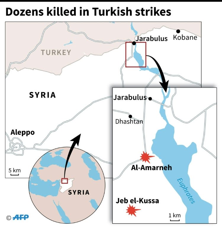 Map of northern Syria locating two villages south of Jarabulus where monitors say Turkish air strikes and bombardment killed dozens of civilians on August 28, 2016