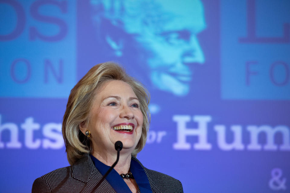 Former US Secretary of State Hillary Clinton speaks after receiving the 2013 Lantos Human Rights Prize during a ceremony on Capitol Hill in Washington on Dec. 6, 2013.