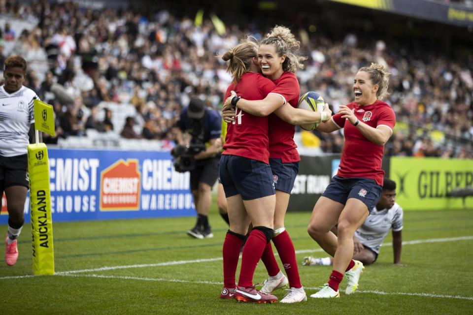 England’s Lydia Thompson celebrates a try during the Women’s Rugby World Cup 2021 match at Eden Park in Auckland, New Zealand. Picture date: Saturday October 8, 2022. (PA Wire)