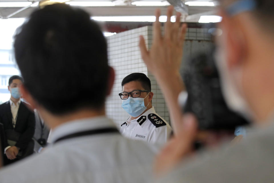 The Commissioner of Police Chris Tang Ping-keung speaks to the media at the Police Marine Regional Headquarters in Hong Kong, Thursday, Aug. 27, 2020. Chinese authorities have arrested at least 10 people, including a Hong Kong pro-democracy activist, after its coast guard intercepted a speedboat suspected of illegally crossing the border waters off the coast of the southern province of Guangdong. (AP Photo/Kin Cheung)