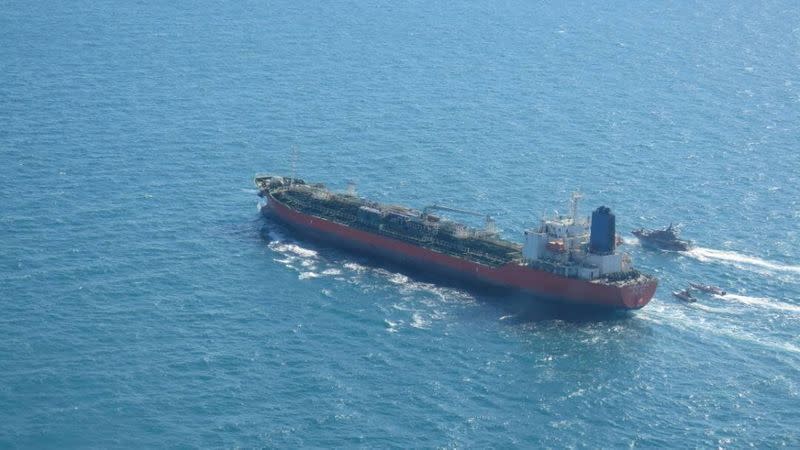 A South Korean-flagged tanker vessel which was seized by Iran. is seen in Gulf