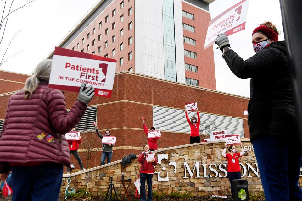 Kate McGee, an RN at Copestone Psychiatric Unit, speaks as Mission nurses participate in a country-wide event hosted by their union to demand that hospital employers put patients first above profit motives January 27, 2021 in Asheville.