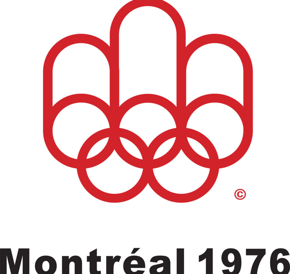 The controversial logo for the Olympics in Montreal, pictured here in 1976.