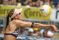 Kerri Walsh passes the ball in the AVP Santa Barbara Open semi final match on September 7, 2008 in Santa Barbara, California. Jennifer Boss and April Ross defeated Misty May-Treanor and Kerri Walsh 21-18, 15-21, 20-18.