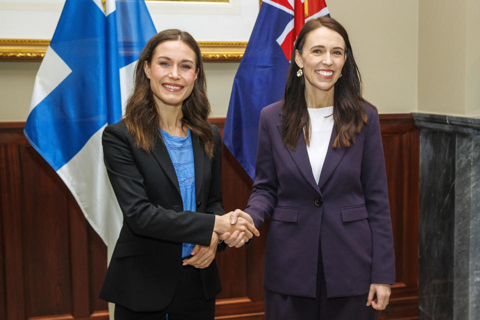 Finnish Prime Minister Sanna Marin, left, and New Zealand Prime Minster Jacinda Ardern pose for a portrait at Government House on November 30, 2022 in Auckland, New Zealand.  / Credit: David Rowland / Getty Images