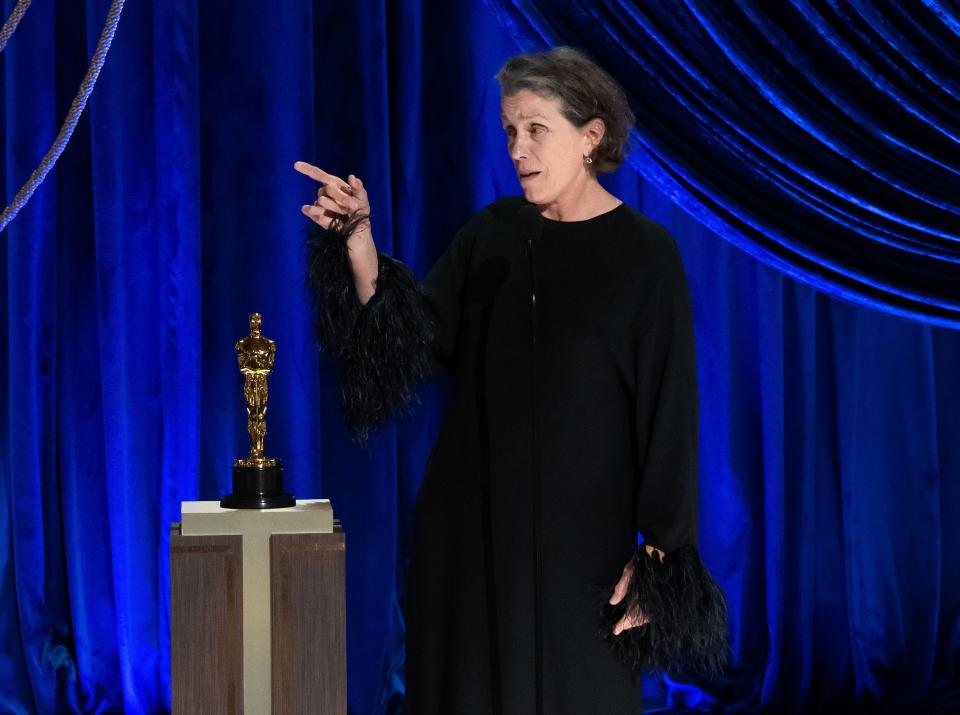 Frances McDormand on stage at the Oscars Sunday. She's won three best actress Oscars for "Nomadland," "Fargo" and "Three Billboards Outside Ebbing, Missouri."